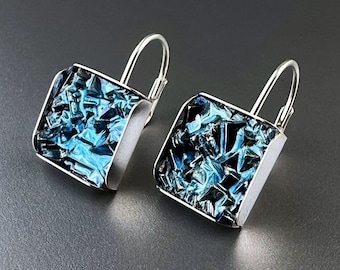 Bismuth Crystal Square Lever-back Earrings With Sterling Silver Bezel and Hooks, Custom Color Choice