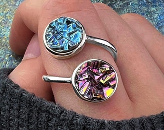 Double Crystal Sterling Adjustable Ring, Bismuth Jewelry, Custom Color Choice