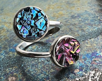 Double Crystal Sterling Adjustable Ring, Bismuth Jewelry, Custom Color Choice