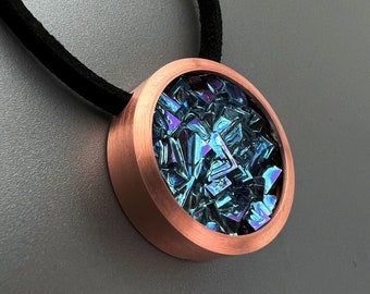 Bismuth Crystal and Copper Necklace, Unique Iridescent Pendant, Custom Color Choice