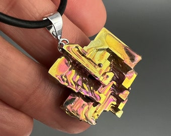 Grand Staircase to Eldorado, Iridescent Pink and Yellow Bismuth Crystal Necklace, Ready to Ship