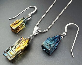 Triple Spires, Bismuth Crystal Necklace and Earring Set, Sterling Silver Chain and Earring Hooks, Ready to ship