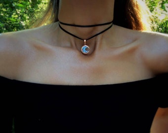 Crescent Moon Choker Necklace with Bismuth Crystal and Copper Setting, Custom Color Choice