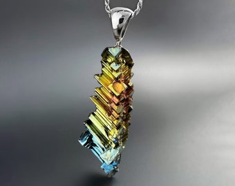 Summer Sunrays, Unique Bismuth Crystal Necklace, Long Fractal Pendant, Ready to Ship