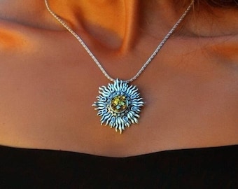 Crystal Sun Necklace, Sterling Silver and Golden Yellow Bismuth Crystal, Celestial Pendant with Optional Shadow Box Frame Display