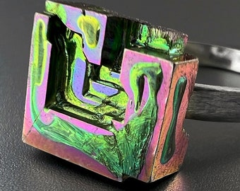 Steps Into Summer, Bismuth Crystal and Sterling Silver Ring, Iridescent Green and Pink Square Ring, Unique Statement, Cocktail Ring