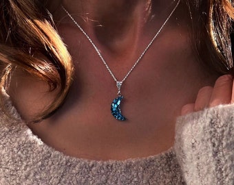 Moon Necklace, Crescent Blue Bismuth Crystal with Sterling Silver, Optional Celestial Gift Wrap