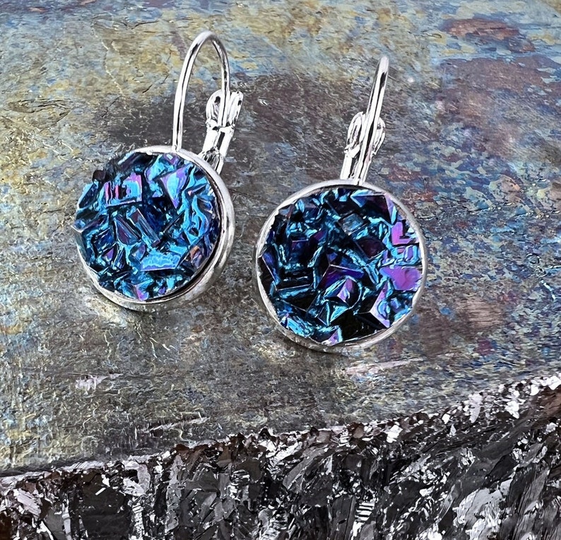 Bismuth Crystal Earrings, Custom Color Choice, Round Dangle Drop Earrings image 2