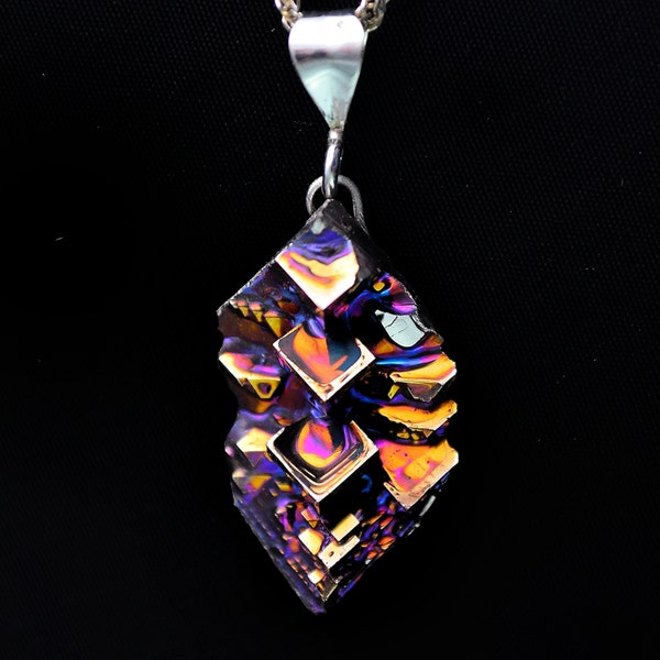 Fire Fountain,  Iridescent Bismuth Crystal and Sterling Silver Pendant. Unique, Fractal, Artistic Jewelry