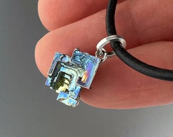 Tiny Blue Bismuth Crystal Necklace, Unique Iridescent Jewelry, Ready to Ship