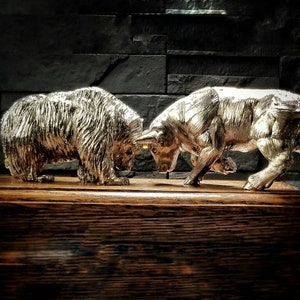Kinetic Art,  Bismuth Bull and Bear Maglev Sculpture, Gift for Scientist, Executive, Stockbroker, Wall Street Decor, Unique Science Art