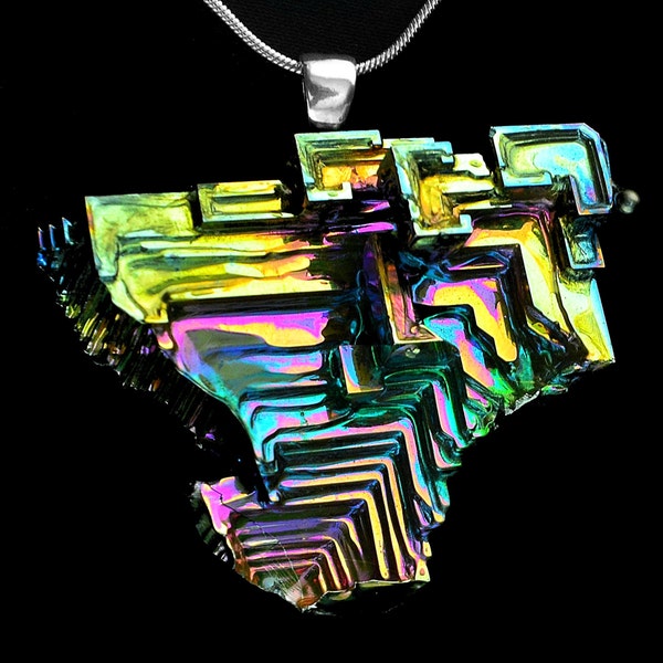 Spectral Layers, Iridescent Bismuth Metal Crystal beneath a Sterling Silver Bail, Crystal Pendant on Leather or Snake Chain Necklac