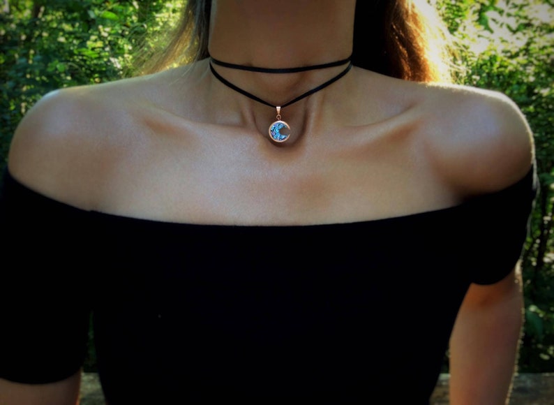Crescent Moon Choker Necklace with Bismuth Crystal and Copper Setting, Custom Color Choice image 3