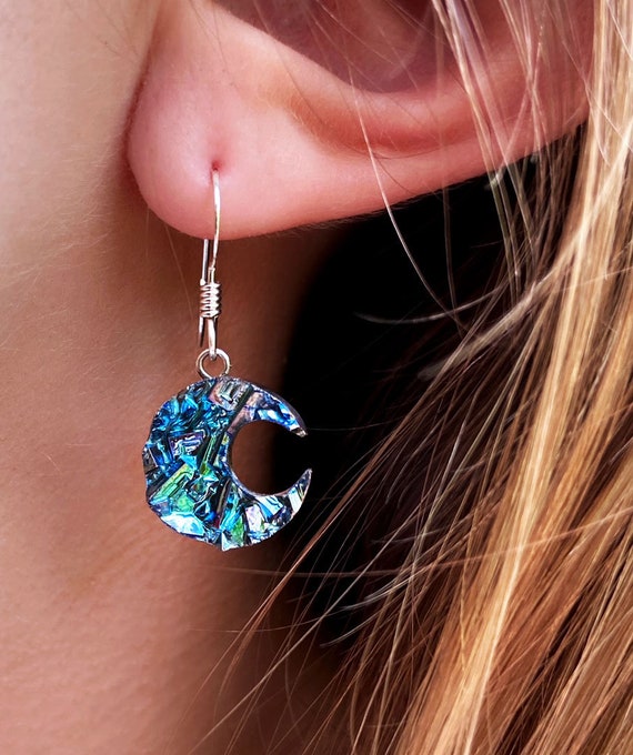 Blue Crescent Moon Earrings Bismuth Crystals on Sterling Silver French Hooks Celestial Jewelry Optional Celestial Gift Wrap Etsy