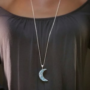 Sterling and Blue Bismuth Crystal Crescent Moon Necklace  "Once in a Blue Moon"  Celestial Jewelry with optional gift wrap