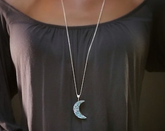 Sterling and Blue Bismuth Crystal Crescent Moon Necklace  "Once in a Blue Moon"  Celestial Jewelry with optional gift wrap