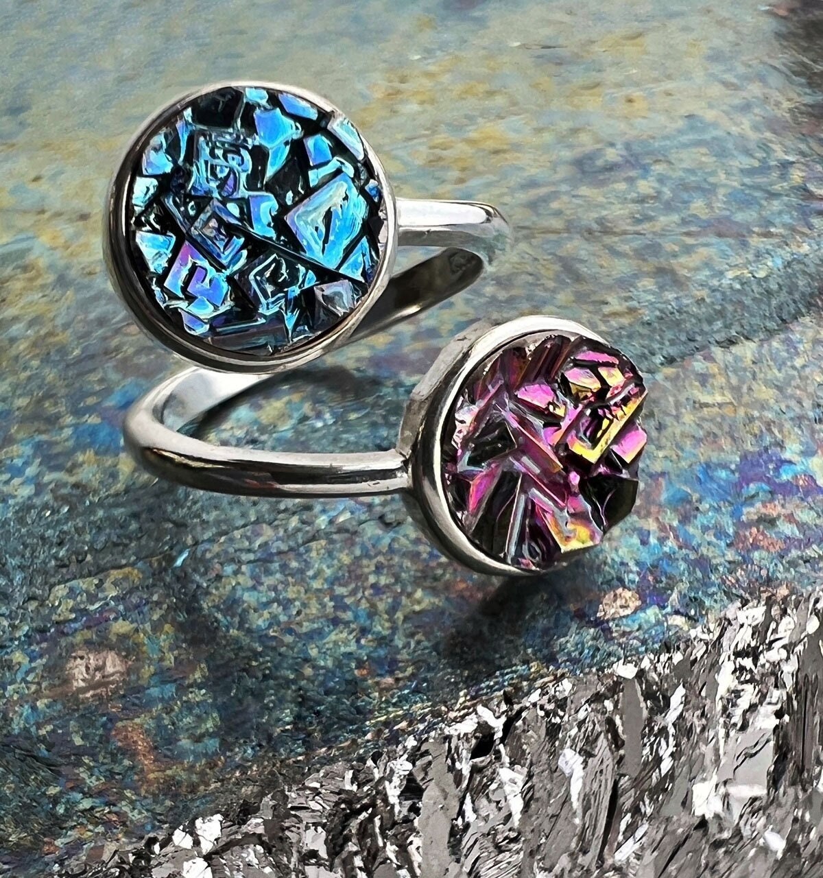 Double Crystal Sterling Adjustable Ring Bismuth Jewelry Custom
