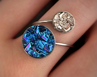 Bismuth Crystal Earth and Moon Stainless Steel Ring, Celestial Jewelry with optional gift wrap