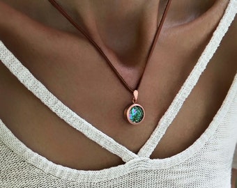 Bismuth Crystal in Round Copper Bezel Necklace with Antique Copper Chain or Leather/Faux Leather Cord, Custom Color Choice