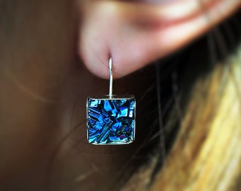 Bismuth Crystal Square Lever-back Earrings With Sterling Silver Bezel and Hooks, Custom Color Choice