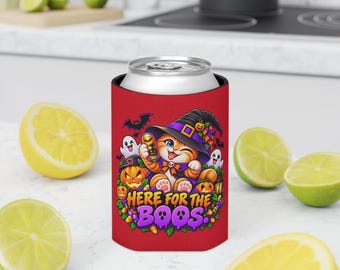 Can Cooler |Halloween Cat Can Cooler | Funny Witch Cat Can Sleeve | Here for the Boos | Regular Can Insulator | Spooky Cat Lover Gift