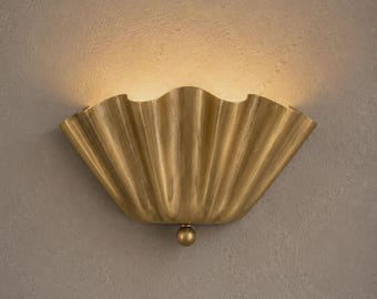 Handcrafted Brass Ruffle Wall Sconce, Art Deco Mid-Century Lighting