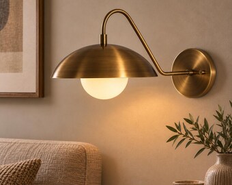 Mid Century Modern Brass Wall Sconce, Opal Glass Globe Wall Light, Handmade Brass Dome Sconce, Vintage Bedroom Wall Lamp, Gold Wall Fixture