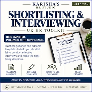 May include: A digital document titled Karisha's HR Studio UK Edition Shortlisting & Interviewing UK HR Toolkit. It features an interviewing checklist on a clipboard, a pen, and text outlining practical guidance, editable templates, and hiring tools.