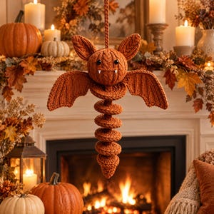 May include: A hanging orange knit bat decoration featuring a round head with two pointed ears, black bead eyes, and two small white fangs. The bat has wide, textured wings and a long, segmented, spiral-shaped tail hanging vertically downward.