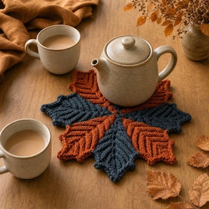 May include: A crocheted trivet shaped like a large star or leaf, featuring alternating segments of dark charcoal gray and burnt orange yarn. The trivet has a textured, ribbed stitch pattern and is placed under a ceramic teapot with a lid.