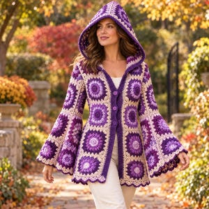 May include: A hooded cardigan made from crocheted granny squares in shades of purple, lavender, and cream. The garment features long, flared sleeves, a pointed hood, and a front button closure with three matching purple buttons down the center.