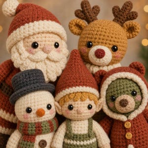 May include: A collection of five crocheted holiday dolls including a Santa Claus with a white beard, a brown reindeer with antlers, a snowman wearing a gray top hat and striped scarf, an elf in a green outfit, and a bear in a red hooded coat.
