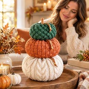 Può includere: Una pila di tre zucche decorative con diverse texture. La zucca superiore è verde scuro con un motivo a noccioline, quella centrale è arancione con un motivo intrecciato e quella inferiore è color crema con una lavorazione a trecce. Ogni zucca ha un gambo di cannella.