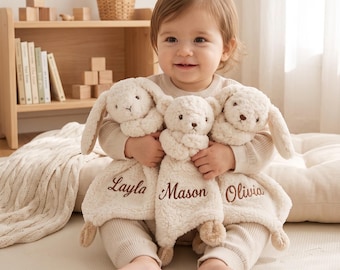 Custom Baby Name Lovey Blanket, Embroidered Animal Security Blanket, Plush Comfort Toy, Nursery Gift, Baby Shower Gift, Baby Girl Boy Gift