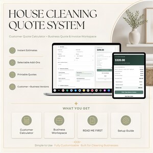 May include: A digital house cleaning quote system displayed on a laptop and tablet screen. The interface features instant estimates, selectable add-ons, and printable quotes. Included components are a customer calculator, business workspace, and setup guide.