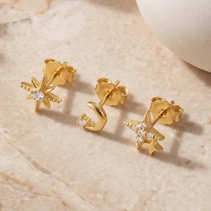 18K Gold Filled 3 Piece Earring Set, CZ Starburst Moon Stud Earrings, Dainty Celestial Jewelry, Minimalist Gold Studs, Gift for Her