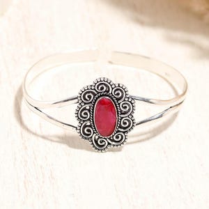 925 Sterling Silver Cuff Bracelets, Red Ruby Jewelry, Boho Bracelet, Handmade Statement Bracelet