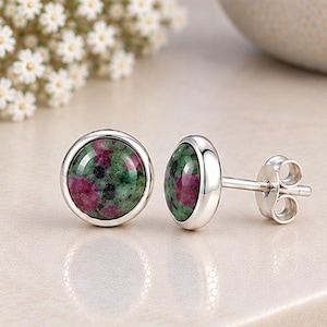 Örhängen med naturlig rubin och zoisit, runda örhängen i 925 sterlingsilver, grönrosa ädelstenssmycken