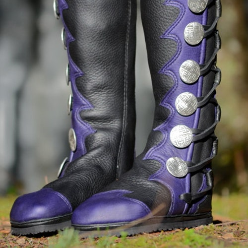 Plum Fairy Moccasin Boots: Made to Order - Black Leather Knee High Boots W Purple Shark Tooth Trim - Custom Moccasin Boots - Women's Boots