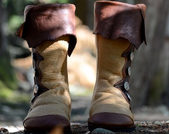 Renaissance Boots: Made to Order - Custom Moccasin Boots - Leather Boots with Pirate Cuff - Brown Leather Boots - Medieval Boots - Moccasins