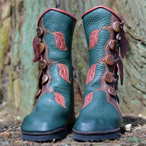 Jade Forest Moccasin Boots W Leaves: Made to Order - Elven Pixie Boots - Women's Leather Boots - Elf - Boho - Custom Fitted - Custom Design