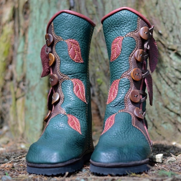 Jade Forest Moccasin Boots w Leaves: Made to Order - Elven Pixie Boots - Women's Leather Boots - Elf - Boho - Custom Fitted - Custom Design