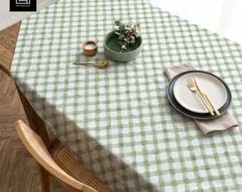 Sage Gingham Tablecloth Mockup PSD, Dining Table Fabric Mockup, Photoshop Smart Object, Farmhouse Kitchen Scene, POD Seller Display