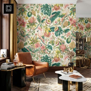 May include: Wallpaper featuring a dense botanical pattern with cream background, green monstera leaves, pink protea flowers, passion fruits, and white cockatoos. The design includes intricate floral vines and tropical foliage in shades of green, pink, and yellow.