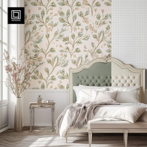 Maqueta de papel tapiz para dormitorio en blanco con estilo shabby chic (objeto inteligente PSD), maqueta de patrón de pared en blanco, plantilla de vista previa de calcomanía para revestimiento de paredes interiores