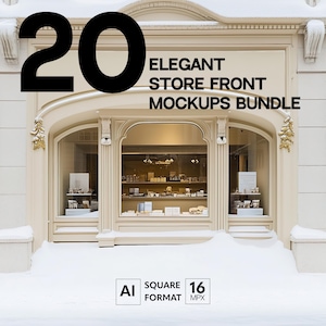 Könnte beinhalten: Ein Schaufenster-Mockup mit einer weißen Fassade und großen Fenstern. Die Schaufensterfront ist mit Schnee bedeckt. Der Text "20 ELEGANT STORE FRONT MOCKUPS BUNDLE" wird über den Fenstern angezeigt. Der Text "AI SQUARE FORMAT 16 MPX" wird unterhalb der Schaufensterfront angezeigt.