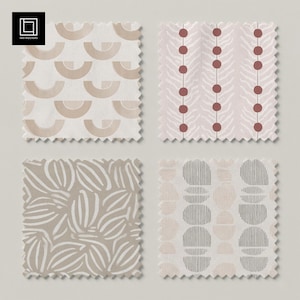 May include: Four fabric swatches with different patterns. One has beige arches, another has red dots on a pink background, a third has white leaf-like shapes on beige, and the last has gray and beige geometric shapes.