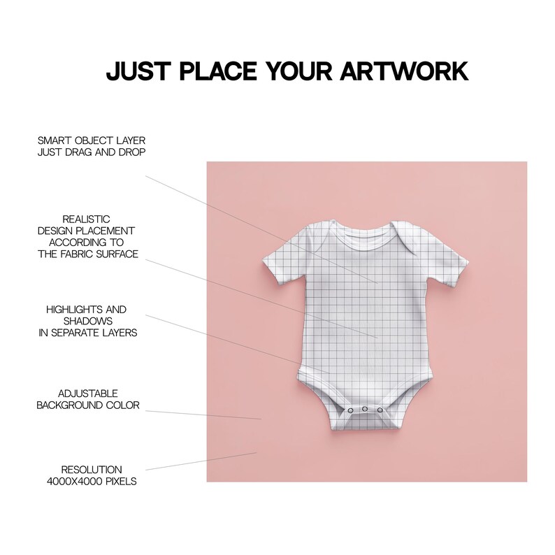 May include: A white baby onesie with a grid pattern on a pink background. The onesie is a mockup for adding your own design.  The image is 4000x4000 pixels.