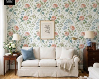Grandmillennial Living Room Wallpaper Mockup | Editable Interior Scene | Instant Download | PSD PNG for Photoshop and Canva
