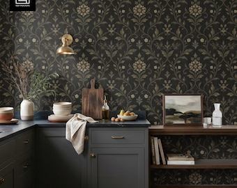 May include: A kitchen scene with dark gray cabinets, a blue countertop, and a floral wallpaper background. The scene includes a cutting board, bowls, a vase, and a painting. A brass wall sconce is mounted on the wall.